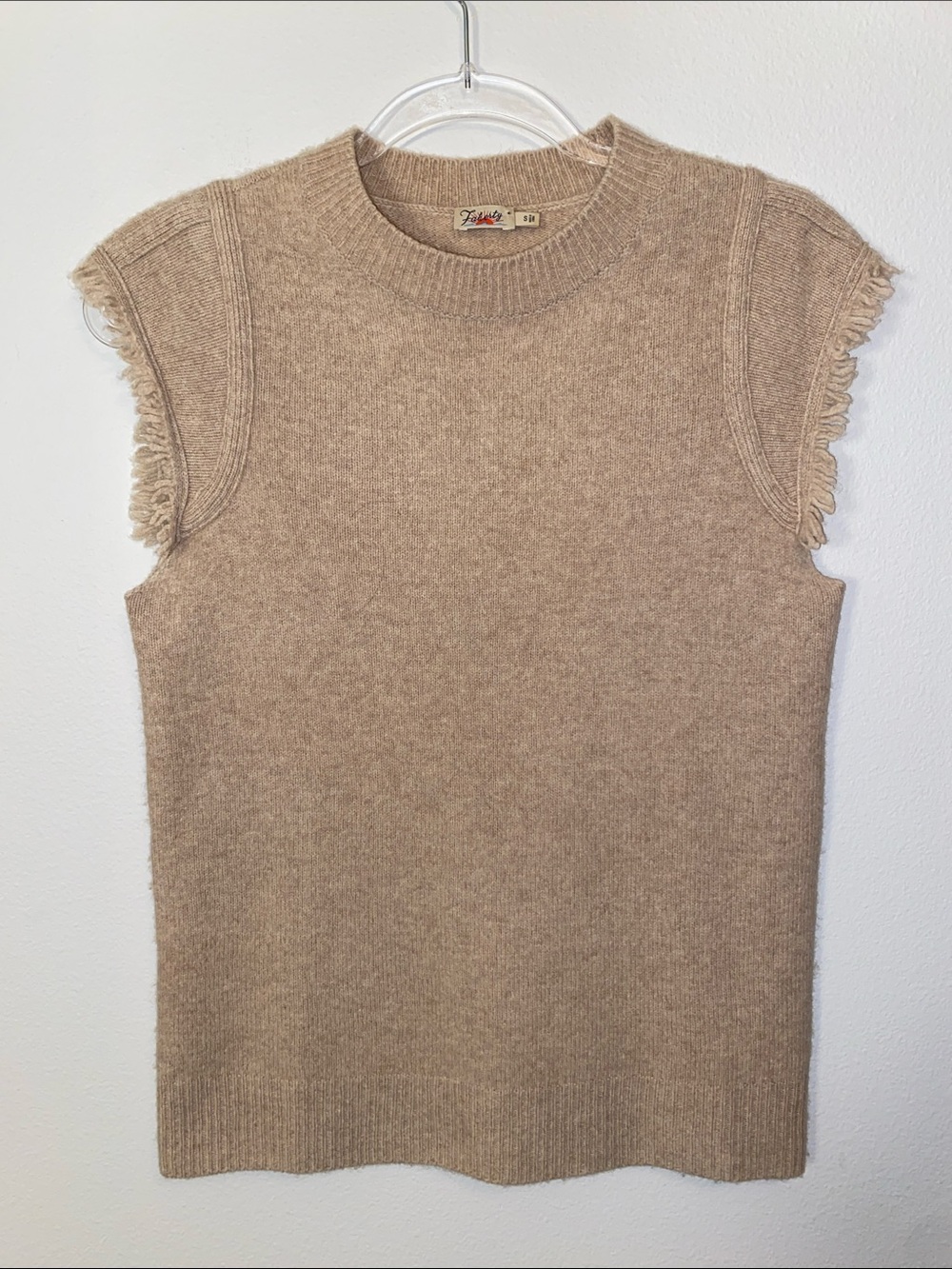 Faherty Colette Beige Tan Merino Wool Yak Fringe Sleeve Knit Sweater Top